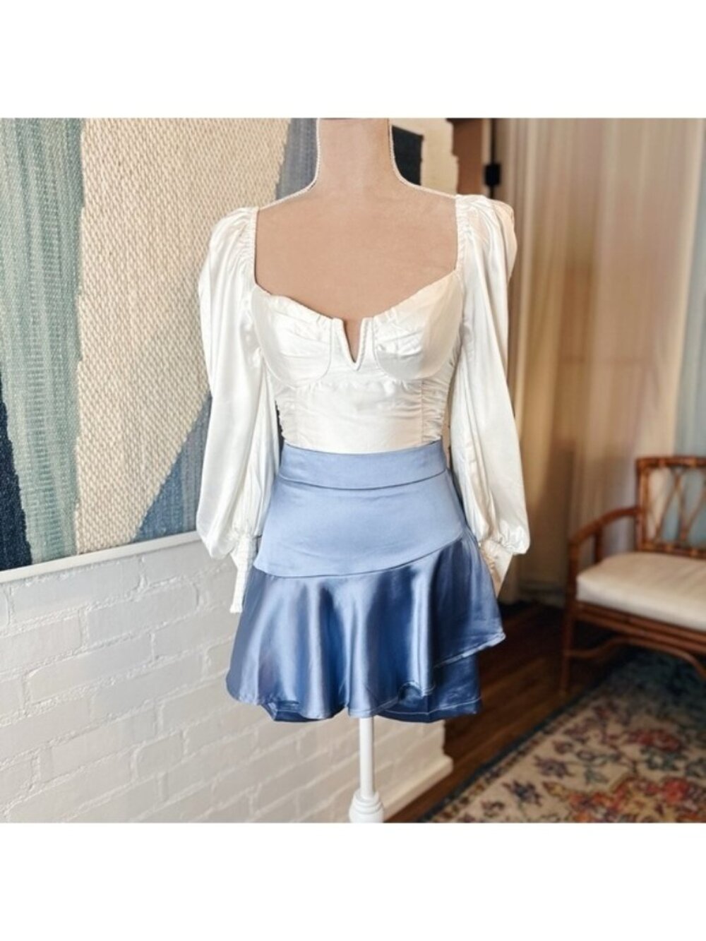 NWT EE:Some Blue Silky Mini Skort with Wrap Ruffle Detail